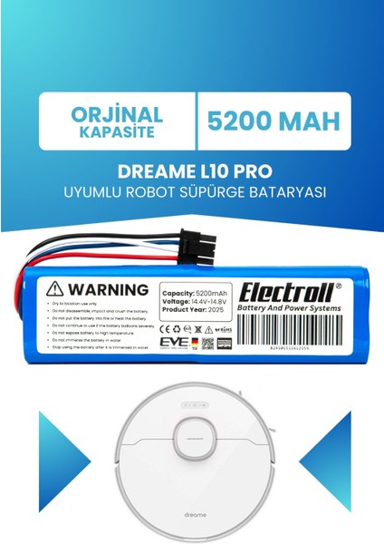 Dreame L10 Pro Uyumlu Batarya (Orjinal Kapasite) 5200MAH Pil Akıllı Robot Süpürge Bataryası Değişimi