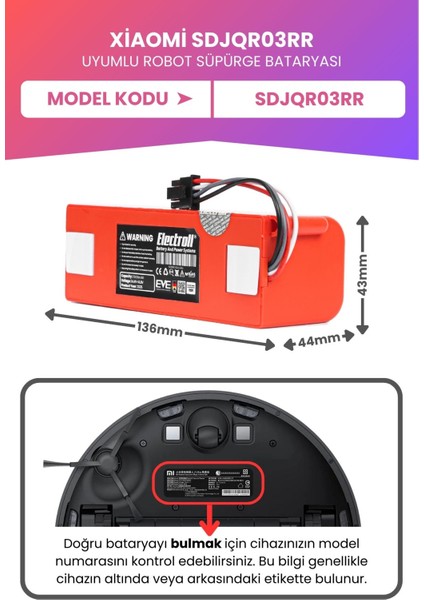 Xiaomi Sdjqr03rr Uyumlu Batarya (MAKSİMUM KAPASİTE) 7000mah Kutulu Robot Süpürge Pil Değişimi