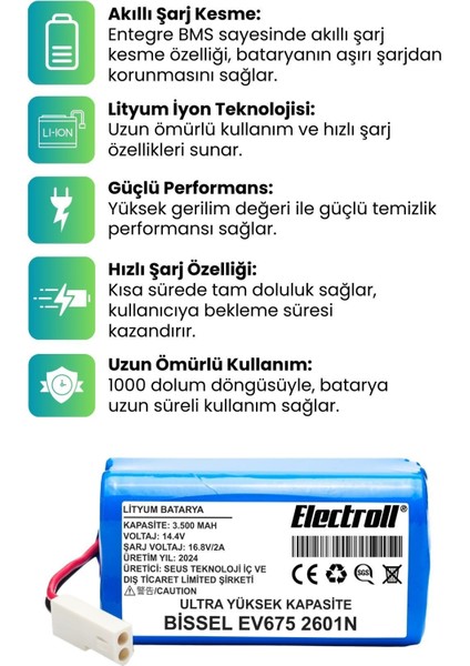 Bissell EV675 2601N Uyumlu Batarya (Ultra Yüksek Kapasite) 3500MAH Pil Robot Süpürge Bataryası