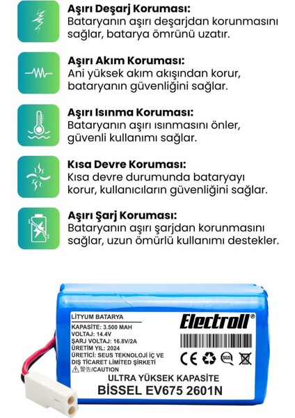 Bissell EV675 2601N Uyumlu Batarya (Ultra Yüksek Kapasite) 3500MAH Pil Robot Süpürge Bataryası