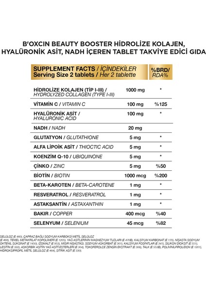 Beauty Booster 60 Tablet - Kolajen Nadh+ Co Q10 Glutatyon Biotin Astaksantin Resveratrol Hya Asit.