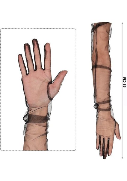 Uzun Boy Likralı Siyah Renk Yetişkin Mega Tül Eldiven 53 cm