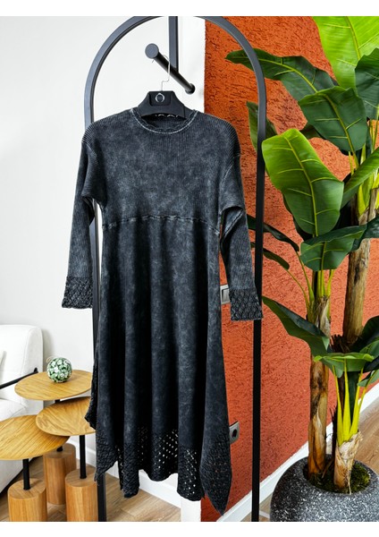 Kadın Yıkamalı Asimetrik Tasarım Pamuk Tunik - Siyah