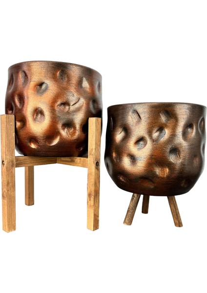 Ev Dekorasyon Aksesuar Bakır Desenli Toprak Saksı Saksılık Salon Çiçeklik İkili Set 4 Ayaklı-3 Ayaklı 19 cm