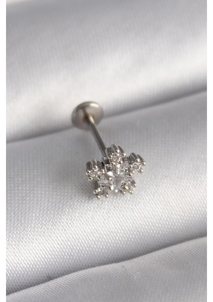 Çelik Gümüş Renk Zirkon Taşlı Yıldız Model Tragus Piercing
