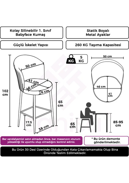Concept Alte Serisi Mutfak Bar Sandalyesi Babyface Kumaş Siyah Metal Ayak 6 Adet Sandalye