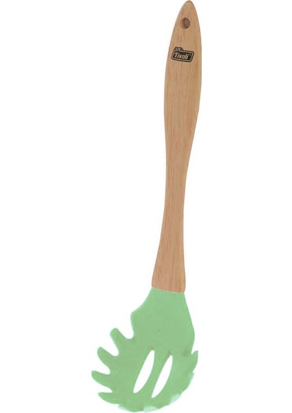 Ahşap Saplı Ucu Silikon Makarna Kepçesi Isıya Dayanıklı Yanmaz Yapışmaz Spagetti Kaşığı 29 cm Yeşil