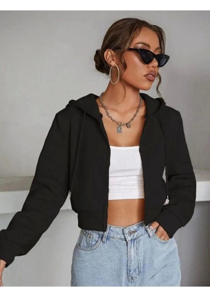 Kadın Fermuarlı Kapüşonlu Rahat Kesim Crop Içi Polarlı Örme Sweatshirt Hırka