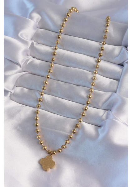 Çelik Top Zincirli Gold Renk Işlemeli Yonca Model Kolye