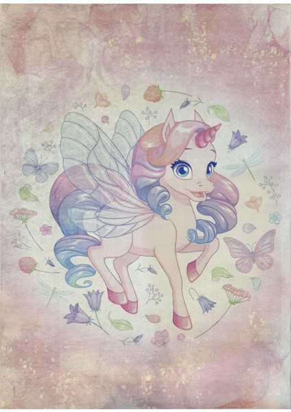 Çocuk Odası Halısı Unicorn Desenli Pembe Mor Dijital Baskı Kaymaz Makinede Yıkanabilir Kız Oyun Halı