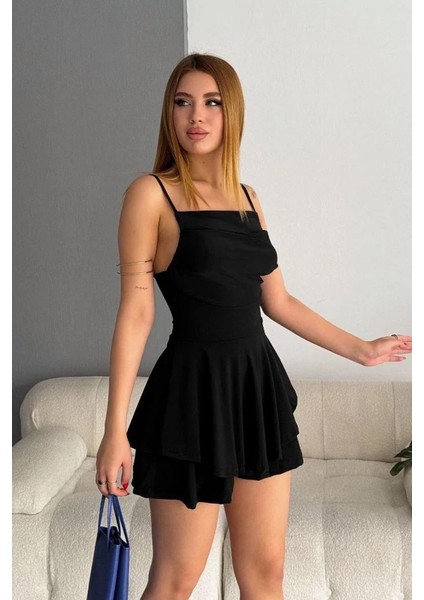 Askılı Fermuarlı Siyah Elbise