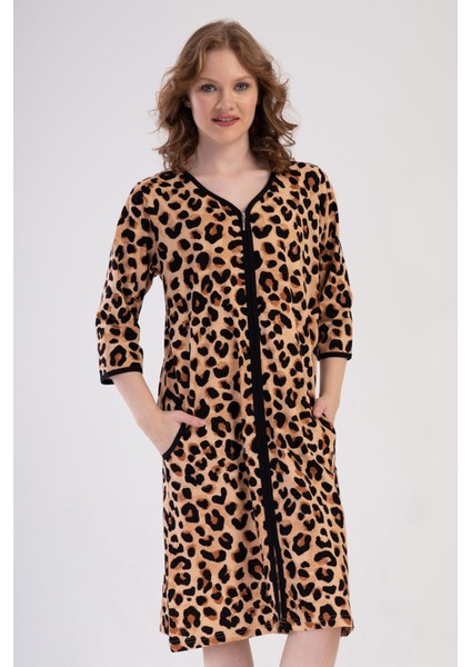 Kadın Büyük Beden Kapri Kol Fermuarlı Leopar Ev Elbisesi C2T0N1O904
