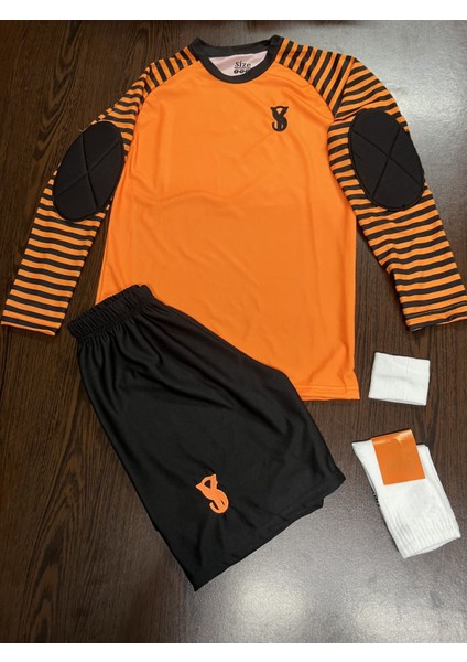 Sünger Destekli Ithal Kumaş Uzun Kol Çocuk Kaleci Forma Takımı Turuncu-Çizgili Çorap+Bileklik Hediye