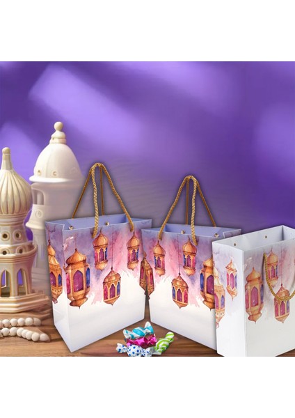 Ramazan Kandil Temalı Hediye Çantası, Ipli Karton Çanta, Iftar Ikram Çantası, 20 x 25 x 12 cm , 12 Adet fırsatları