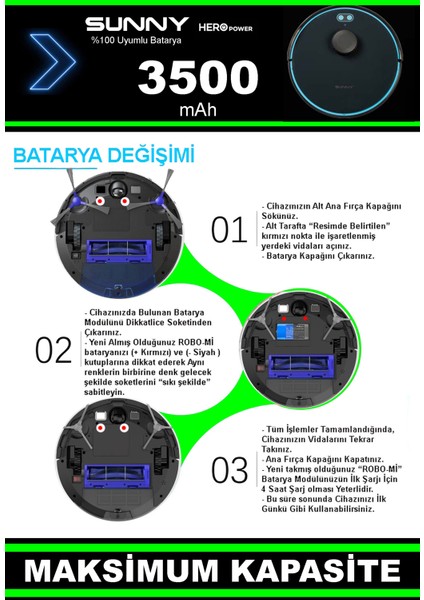 Sunny Hero Power Uyumlu Akıllı Robot Süpürge Bataryası 14.4V 3500MAH Li-Ion Pil