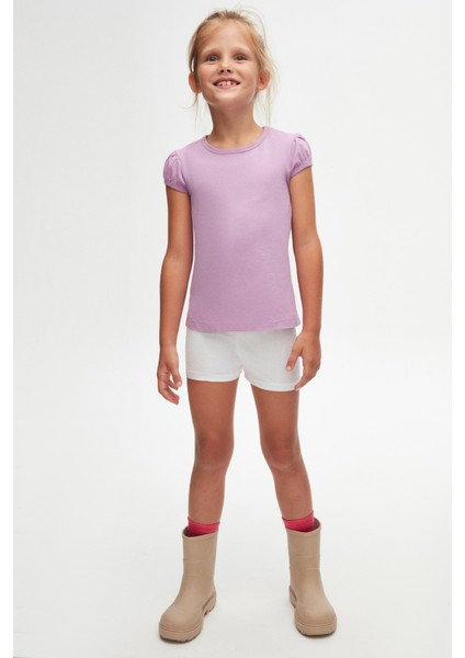 Lila Basic Kız Çocuk Sıfır Yaka Karpuz Kol Tişört