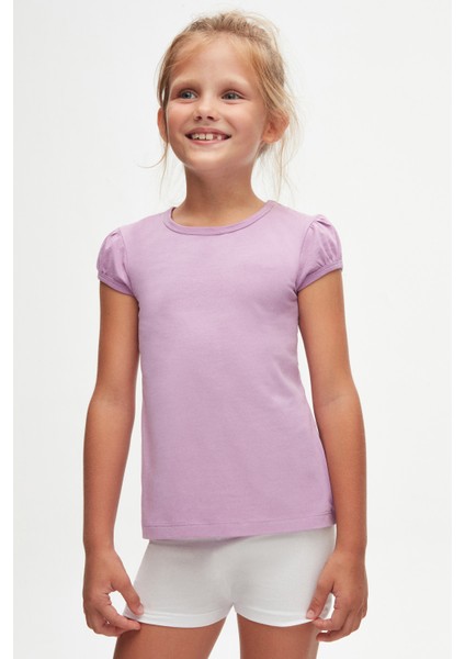 Lila Basic Kız Çocuk Sıfır Yaka Karpuz Kol Tişört fiyatları