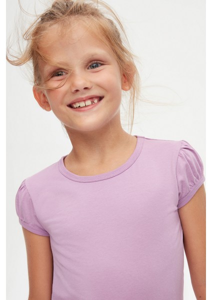 Lila Basic Kız Çocuk Sıfır Yaka Karpuz Kol Tişört modelleri