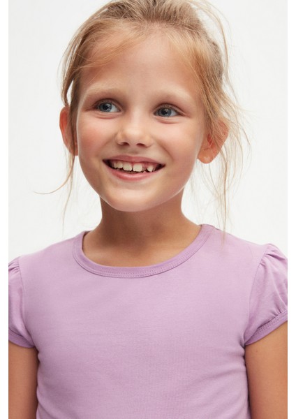 Lila Basic Kız Çocuk Sıfır Yaka Karpuz Kol Tişört fırsatları