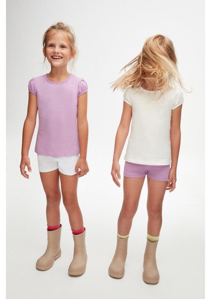 Lila Basic Kız Çocuk Sıfır Yaka Karpuz Kol Tişört