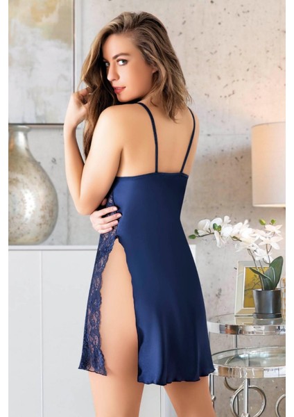 2063 Mavi Yırtmaçlı Dantelli Saten Gecelik fiyatları