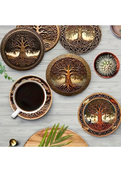 4 Adet Hayat Ağacı Ahşap Tasarım Bardak Altlığı Kahve Fincan Çay Tabak Kupa Altı 10 cm Çaplı