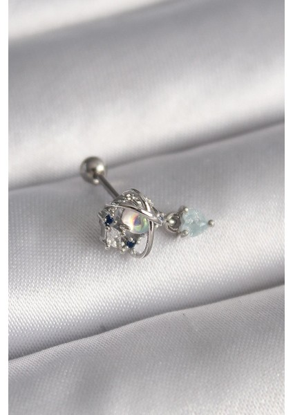 Çelik Gümüş Renk Zirkon Taşlı Sallantı Kalp Detay Tragus Piercing