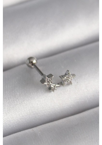 Çelik Gümüş Renk Zirkon Taşlı Yıldız Tragus Piercing