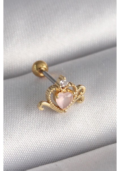 Çelik Gold Renk Pembe Mineli Kalp Zirkon Taş Detay Tragus Piercing