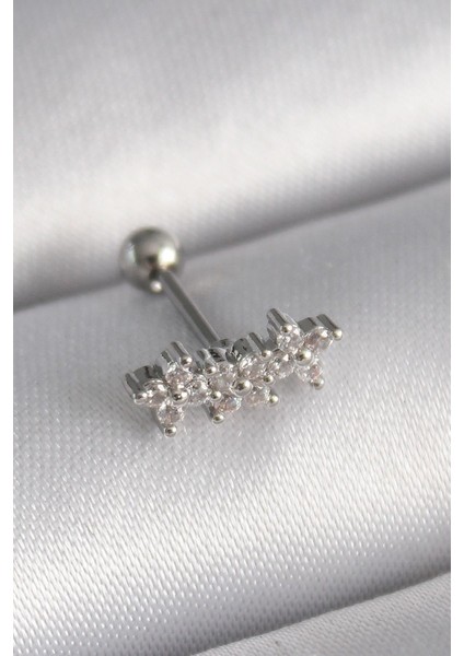 Çelik Gümüş Renk Zirkon Taşlı Yonca Tragus Piercing