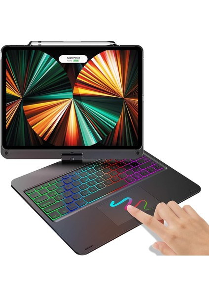 Apple iPad Pro 11 Inc 5. Nesil M4 (2024) 360° Dönebilen Touchpadli LED Aydınlatmalı Klavyeli Kılıf A2836 A2837
