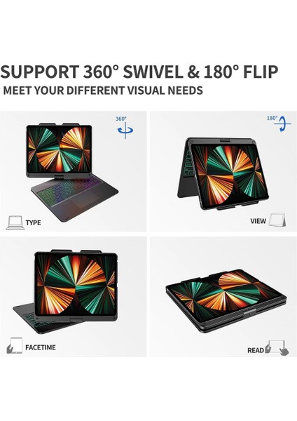 Apple iPad Pro 11 Inc 5. Nesil M4 (2024) 360° Dönebilen Touchpadli LED Aydınlatmalı Klavyeli Kılıf A2836 A2837