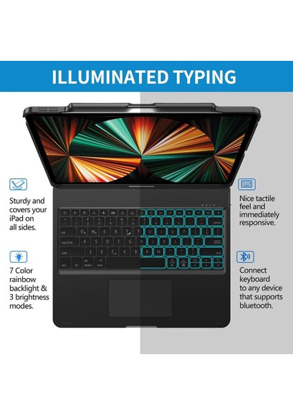 Apple iPad Pro 11 Inc 5. Nesil M4 (2024) 360° Dönebilen Touchpadli LED Aydınlatmalı Klavyeli Kılıf A2836 A2837