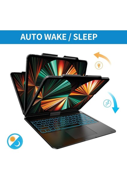 Apple iPad Pro 11 Inc 5. Nesil M4 (2024) 360° Dönebilen Touchpadli LED Aydınlatmalı Klavyeli Kılıf A2836 A2837