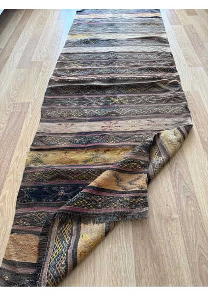 87 x 242 cm Bohem Stili El Dokuma Türk Kilim, Çizgili Desenli Kahverengi Yolluk, Ev ve Ofis Için Harika Dekor Yolluk