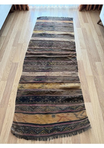 87 x 242 cm Bohem Stili El Dokuma Türk Kilim, Çizgili Desenli Kahverengi Yolluk, Ev ve Ofis Için Harika Dekor Yolluk fiyatları