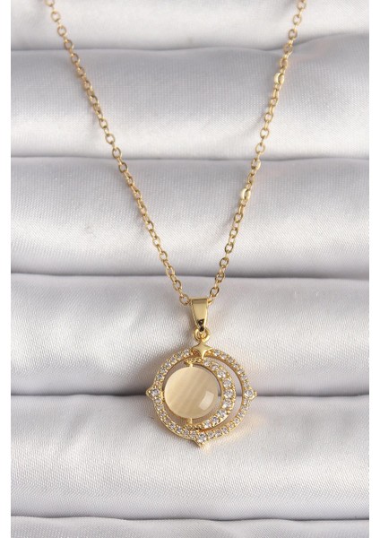 Çelik Gold Renk Zirkon Taşlı Sarı Sedefli Hilal Model Kadın Kolye