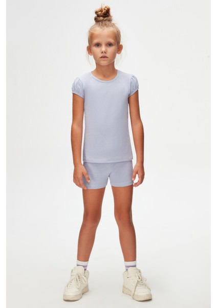 Açık Lila Basic Kız Çocuk Sıfır Yaka Karpuz Kol Tişört