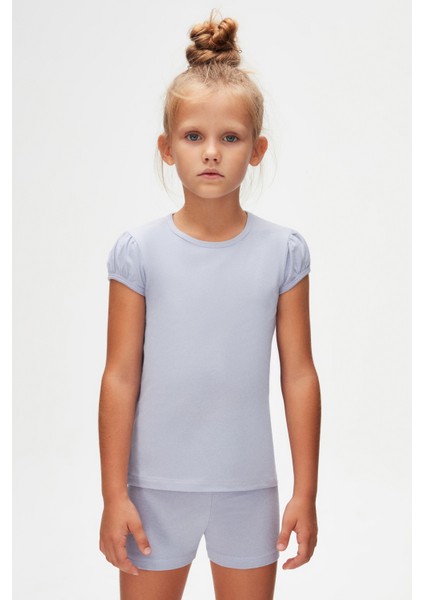 Açık Lila Basic Kız Çocuk Sıfır Yaka Karpuz Kol Tişört fiyatları