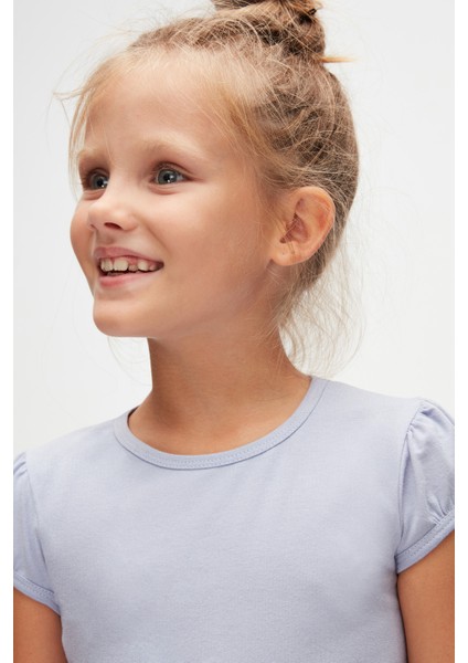 Açık Lila Basic Kız Çocuk Sıfır Yaka Karpuz Kol Tişört modelleri