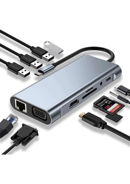 3121 USB Çoklayıcı 11IN1 Hub Type-C 4K HDMI VGA Lan RJ45 Sd Tf Kart Okuyucu USB 3.0 Okuyucu Adaptör Switch