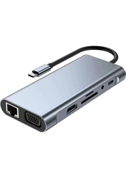 3121 USB Çoklayıcı 11IN1 Hub Type-C 4K HDMI VGA Lan RJ45 Sd Tf Kart Okuyucu USB 3.0 Okuyucu Adaptör Switch