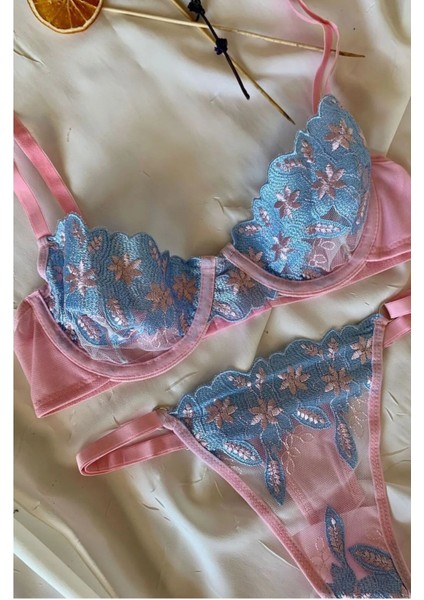 Kadın Pembe Çiçekli Transparan Balenli Kapsız Tül Sütyen Takımı,sütyen Külot/tanga Takımı