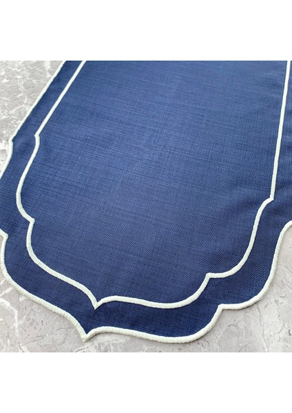 Lacivert Renkli Beyaz Çift Sargı Nakışlı 40 x 140 cm Keten Efektli Runner