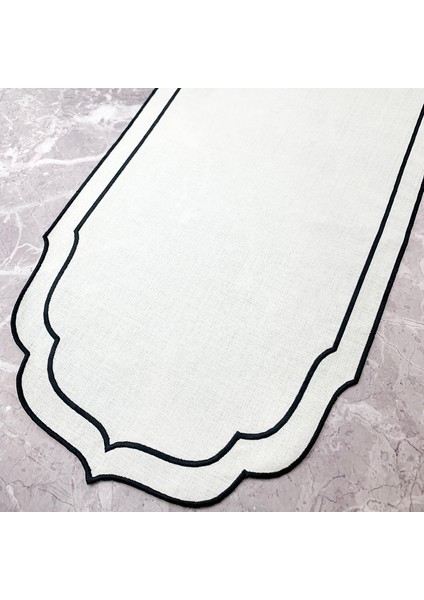 Siyah Renkli Çift Sargı Nakışlı 40 x 140 cm Keten Efektli Runner
