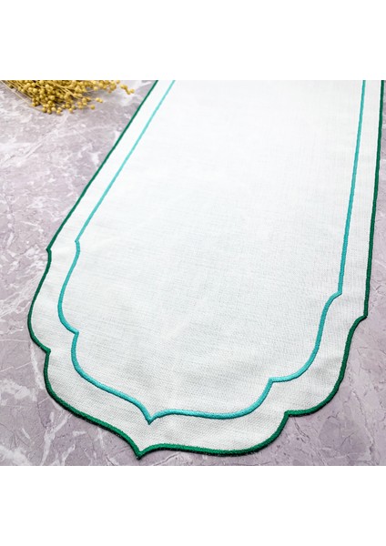 Yeşil ve Turkuaz Renkli Pip Studio Uyumlu Çift Sargı Nakışlı 40X140 cm Keten Efektli Runner