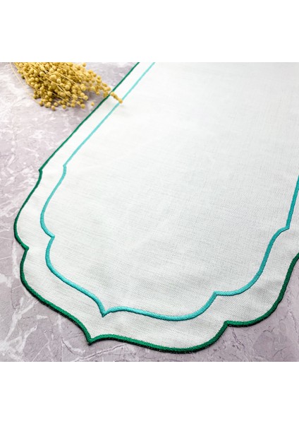 Yeşil ve Turkuaz Renkli Pip Studio Uyumlu Çift Sargı Nakışlı 40X140 cm Keten Efektli Runner