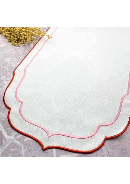 Kırmızı ve Pembe Renkli Pip Studio Uyumlu Çift Sargı Nakışlı 40 x 140 cm Keten Efektli Runner