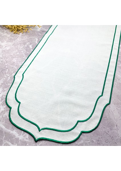 Yeşil Renkli Çift Sargı Nakışlı 40 x 140 cm Keten Efektli Runner