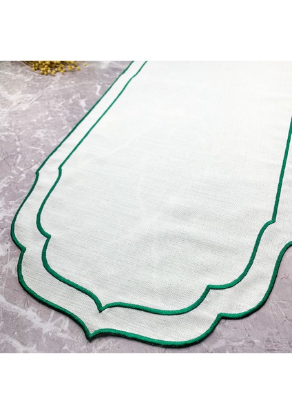 Yeşil Renkli Çift Sargı Nakışlı 40 x 140 cm Keten Efektli Runner